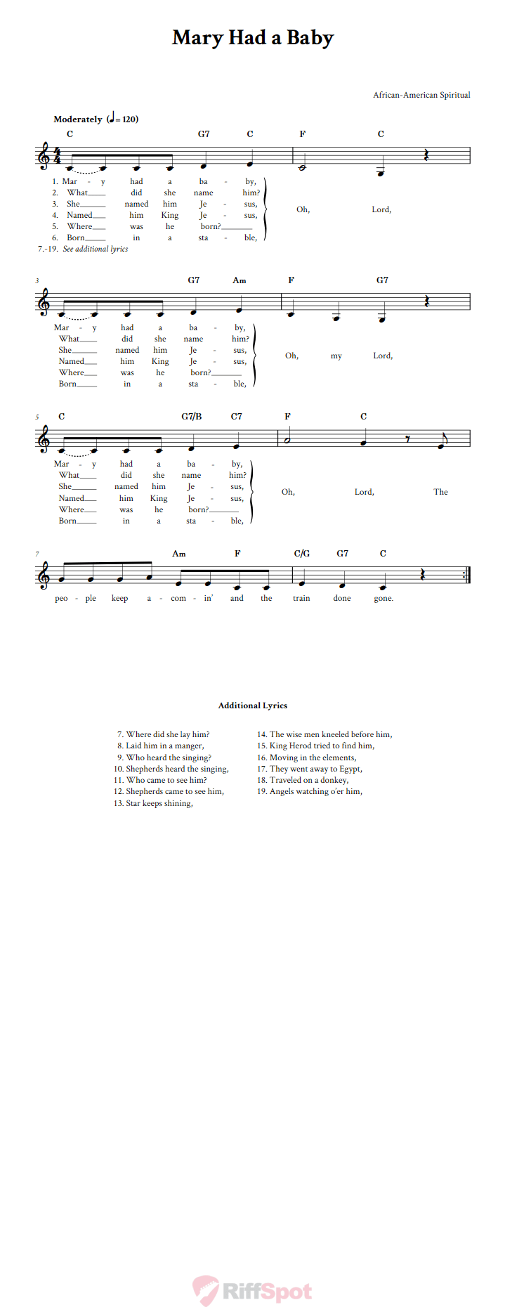 Mary Had a Baby Treble Clef Sheet Music for F Instruments