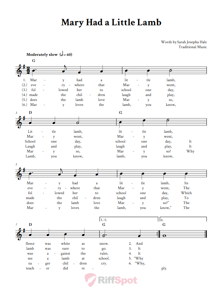 Mary Had a Little Lamb Sheet Music for Horn and Other E-flat Instruments