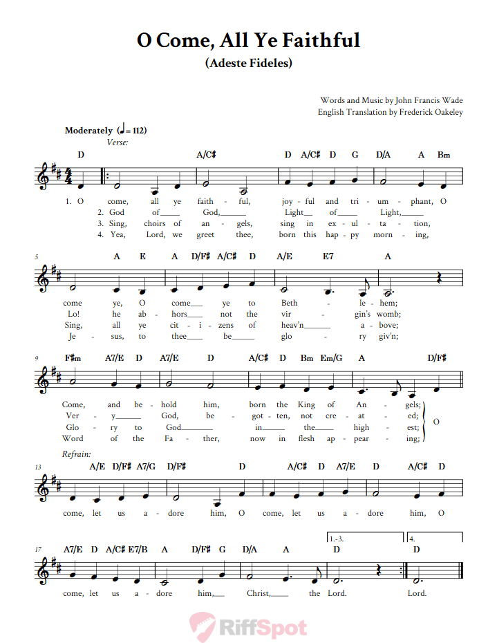 O Come, All Ye Faithful Treble Clef Sheet Music for F Instruments