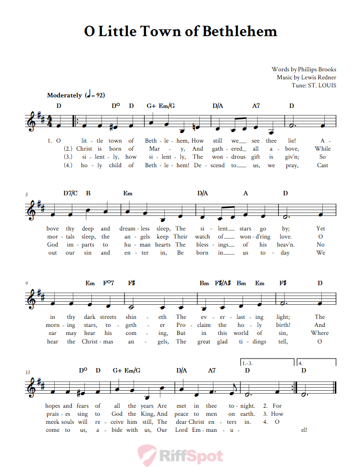 O Little Town of Bethlehem Treble Clef Sheet Music for F Instruments