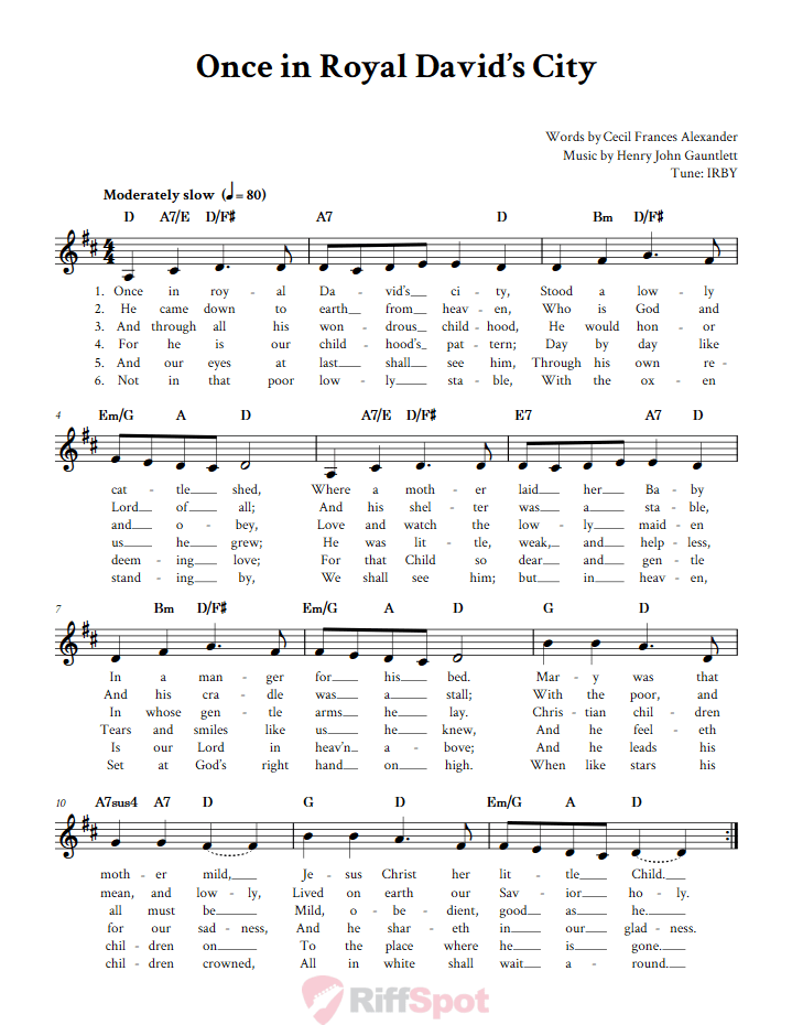 Once in Royal David's City Treble Clef Sheet Music for F Instruments
