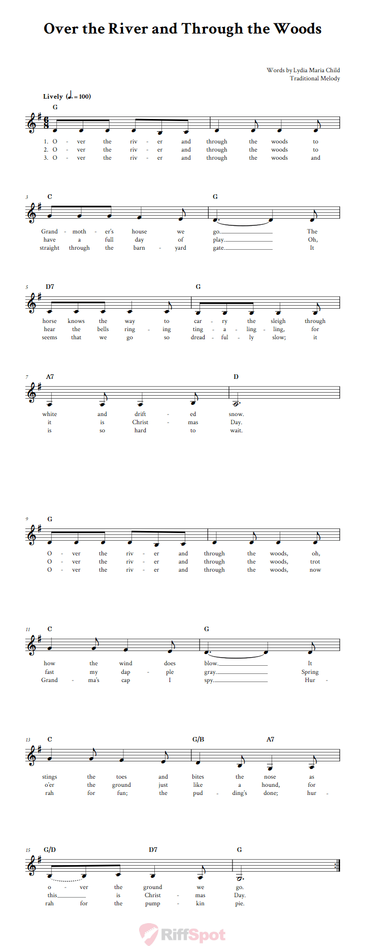 Over the River and Through the Woods Treble Clef Sheet Music for F Instruments