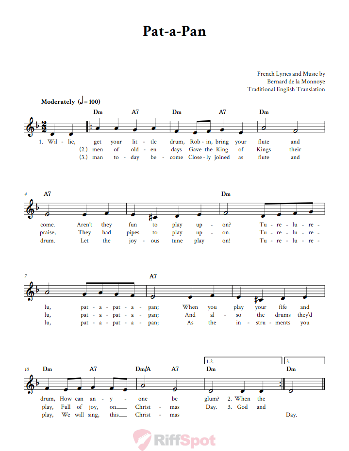 Pat-A-Pan Treble Clef Sheet Music for F Instruments