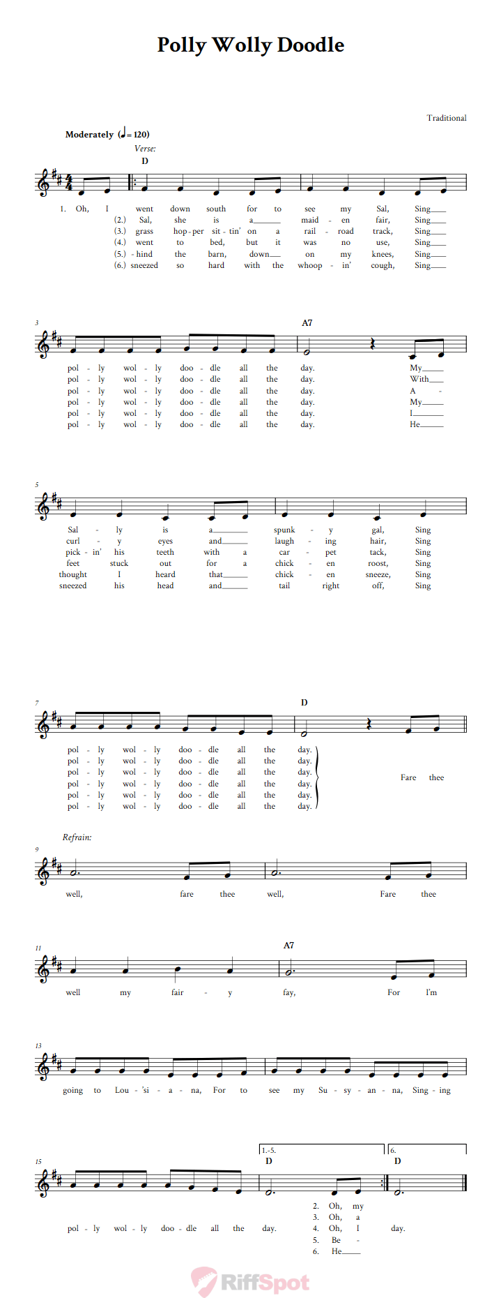 Polly Wolly Doodle Sheet Music for Horn and Other E-flat Instruments