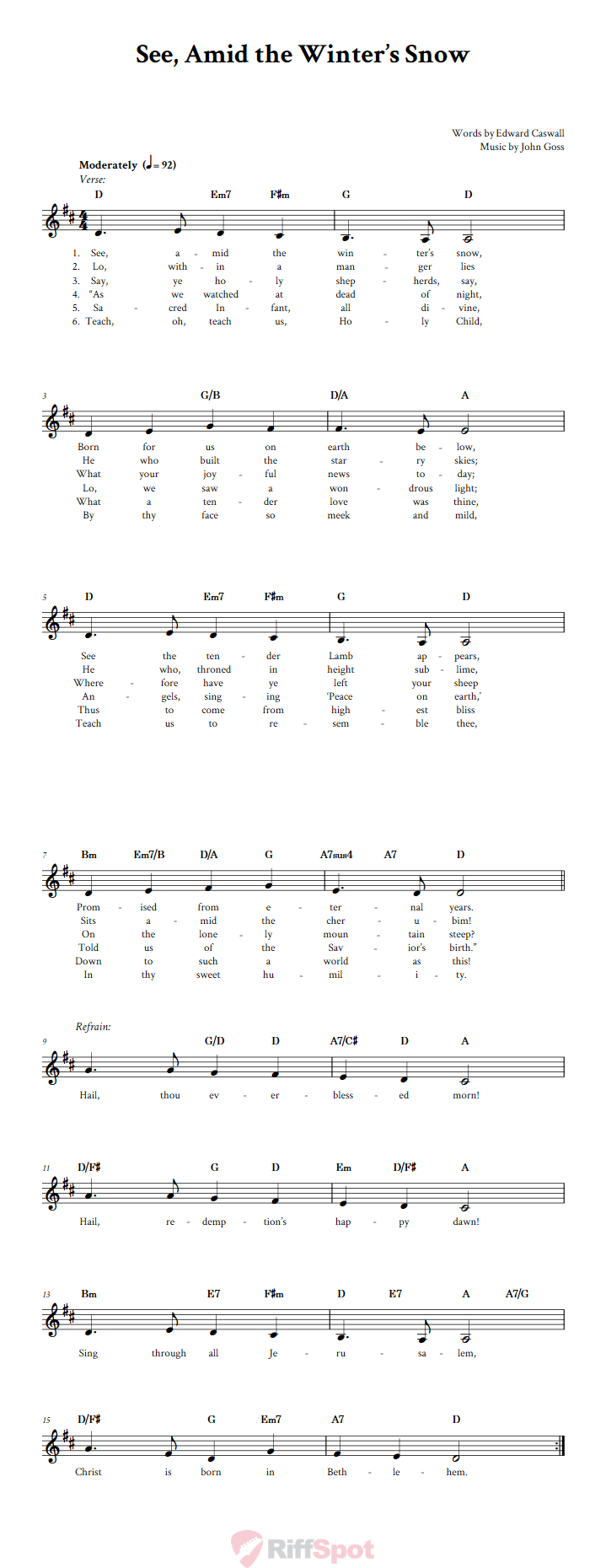 See, Amid the Winter's Snow Treble Clef Sheet Music for F Instruments