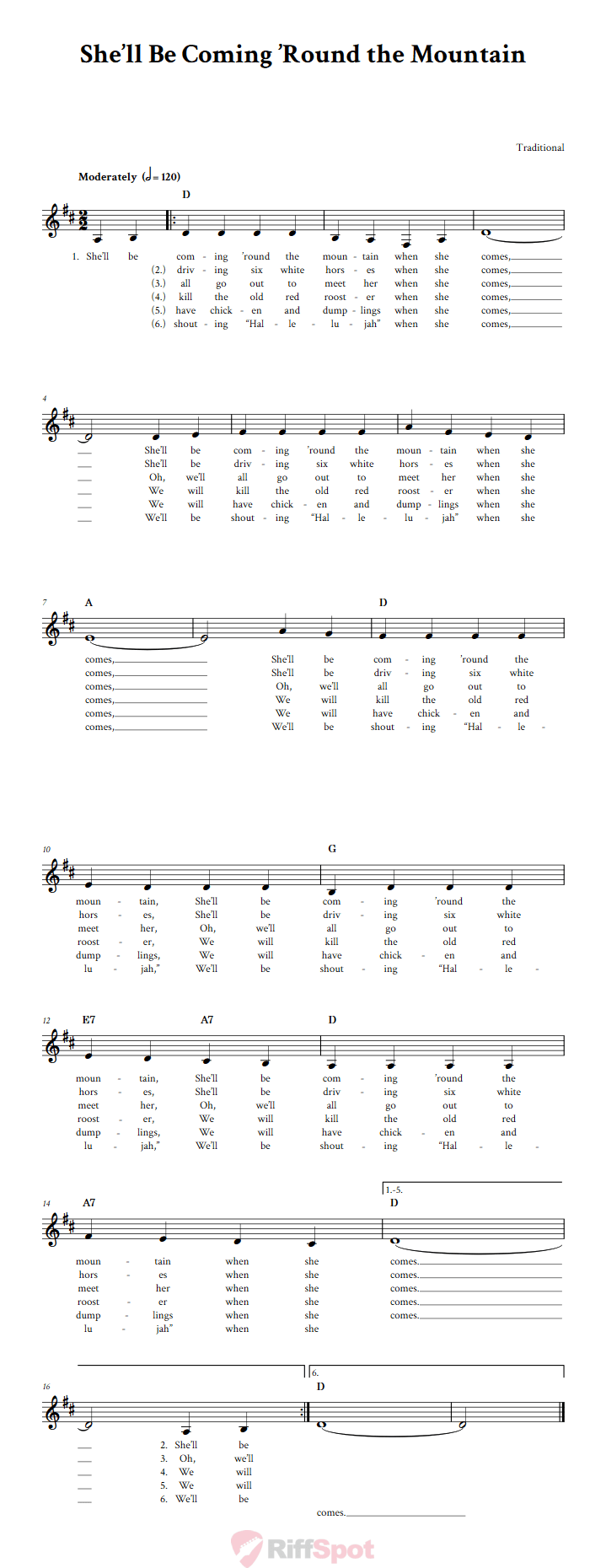 She'll Be Coming 'Round the Mountain Sheet Music for Horn and Other E-flat Instruments