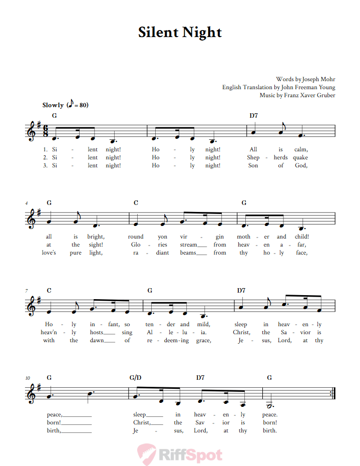 Silent Night Treble Clef Sheet Music for F Instruments