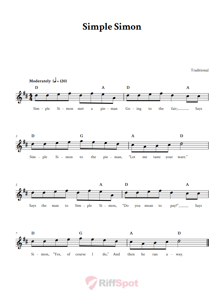 Simple Simon Sheet Music for Horn and Other E-flat Instruments