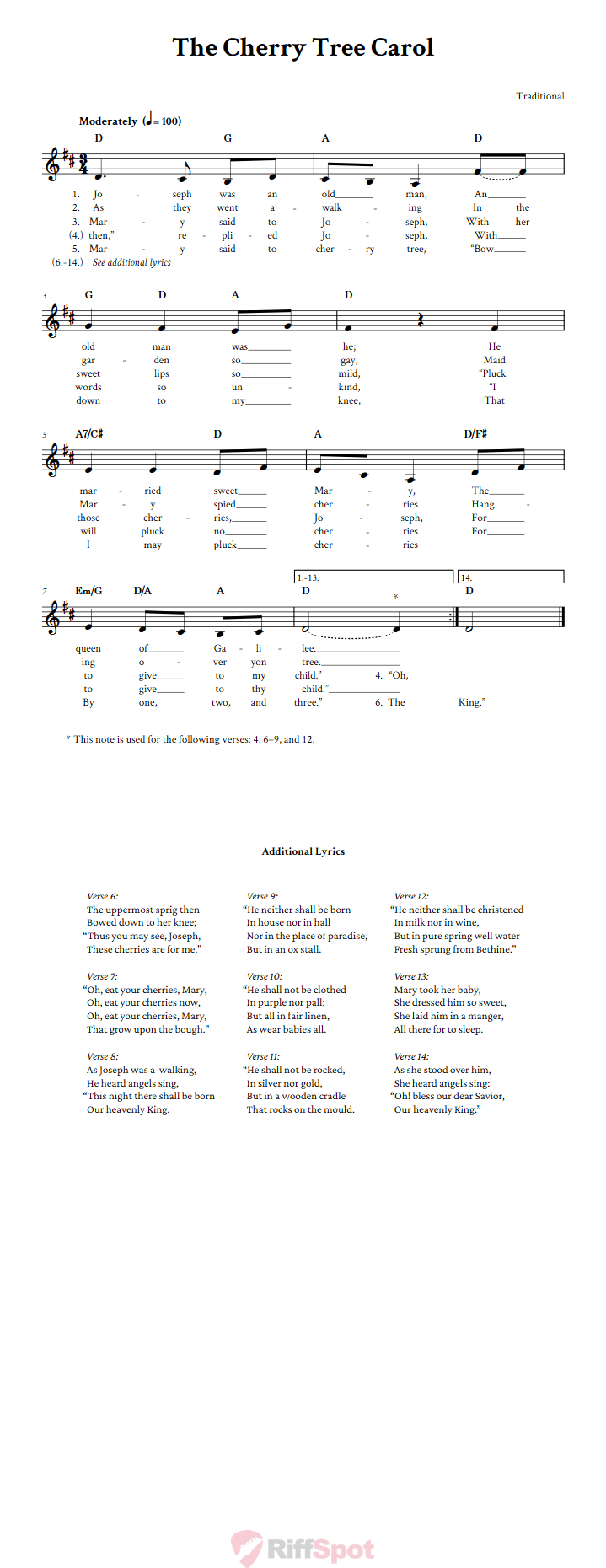 The Cherry Tree Carol Treble Clef Sheet Music for F Instruments
