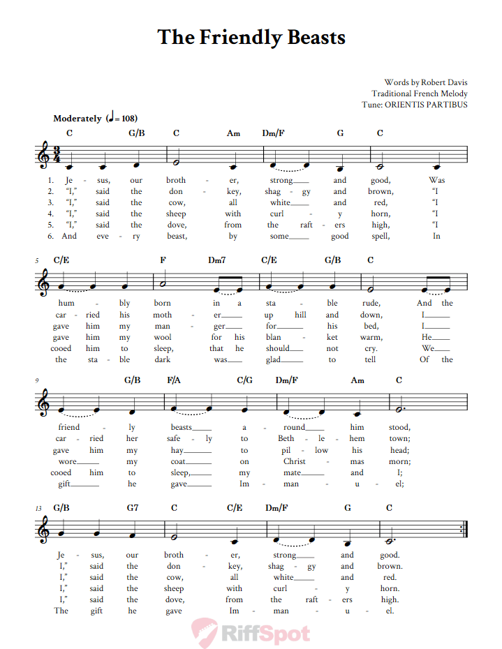 The Friendly Beasts Treble Clef Sheet Music for F Instruments