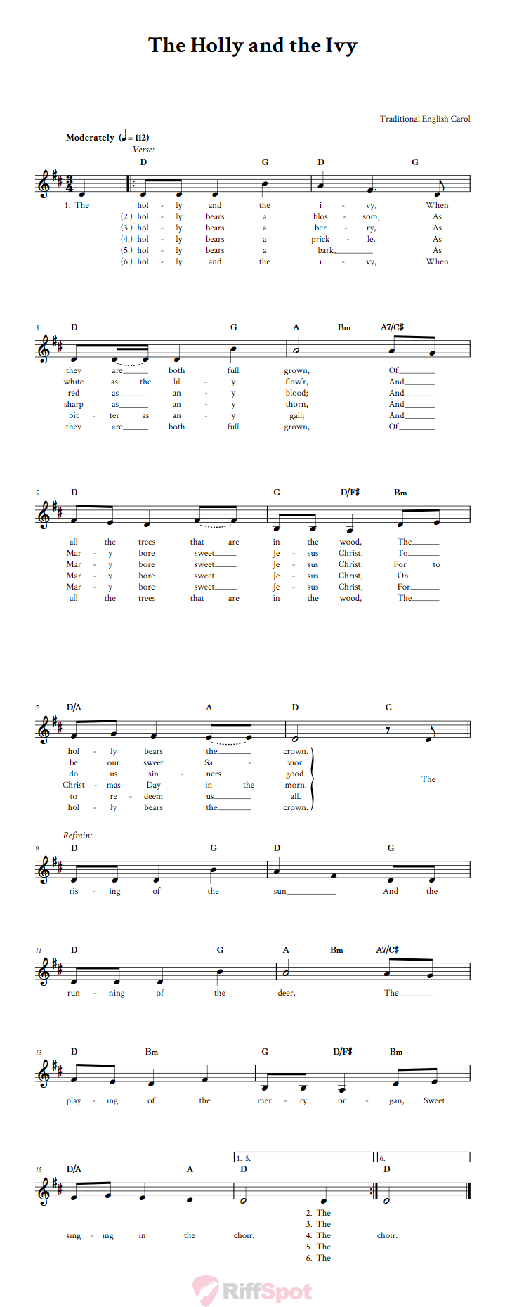 The Holly and the Ivy Treble Clef Sheet Music for F Instruments