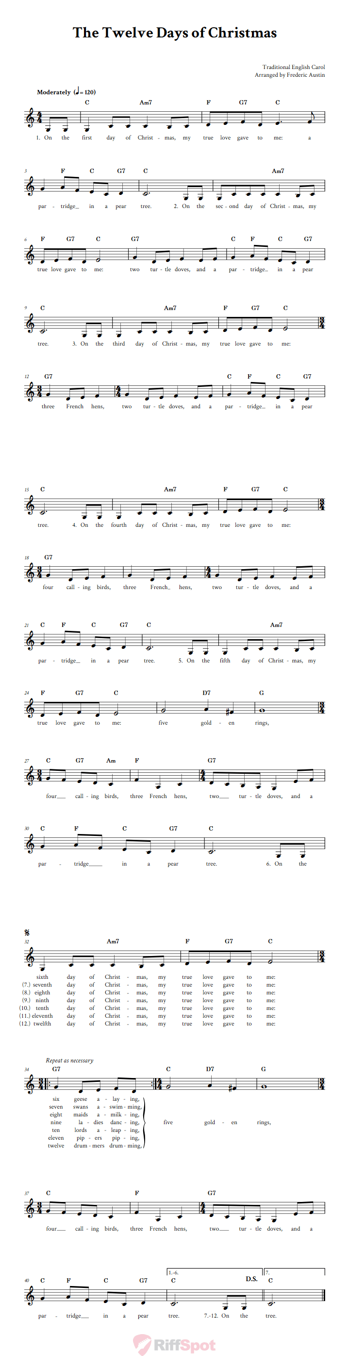 The Twelve Days of Christmas Treble Clef Sheet Music for F Instruments