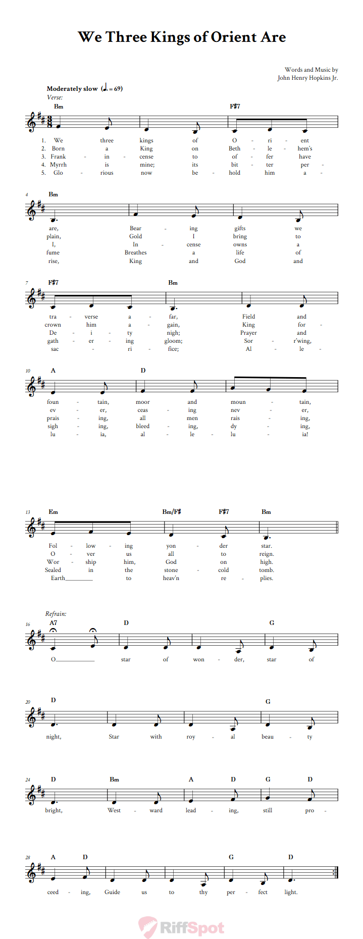 We Three Kings of Orient Are Treble Clef Sheet Music for F Instruments
