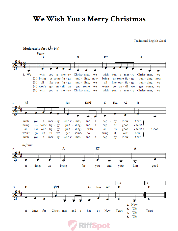 We Wish You a Merry Christmas Treble Clef Sheet Music for F Instruments