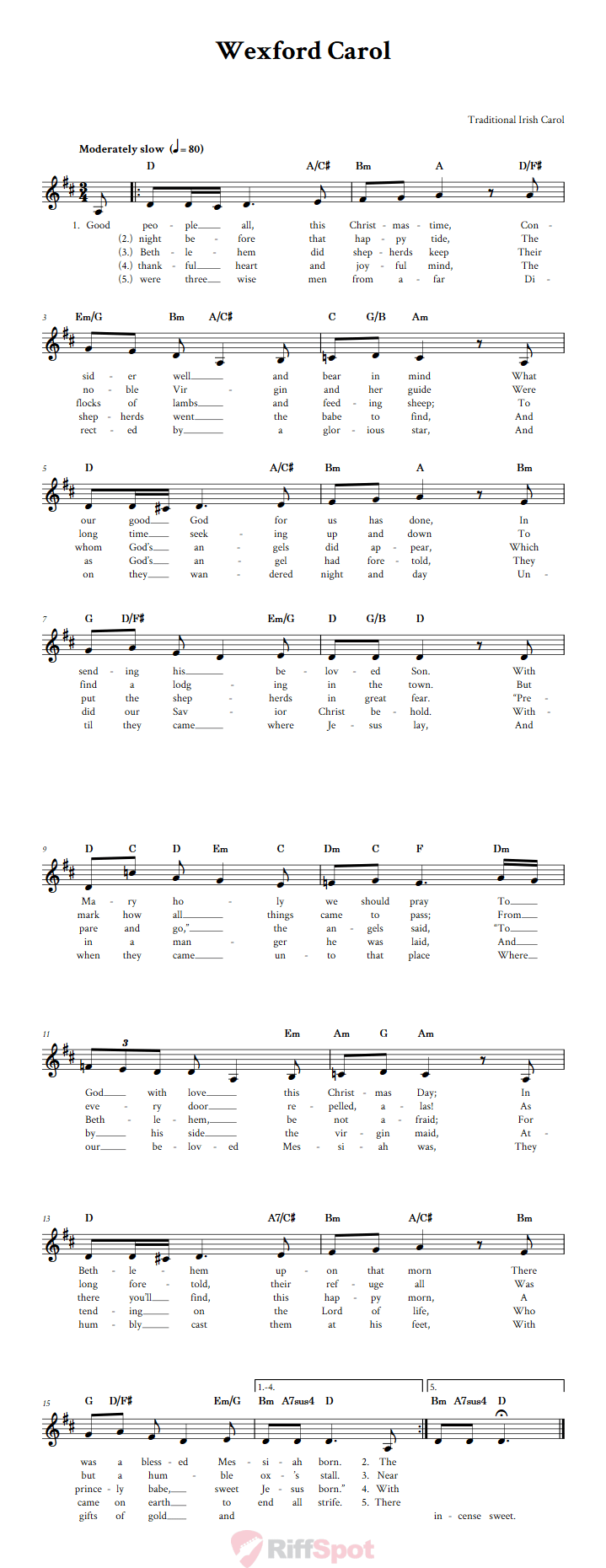 Wexford Carol Treble Clef Sheet Music for F Instruments