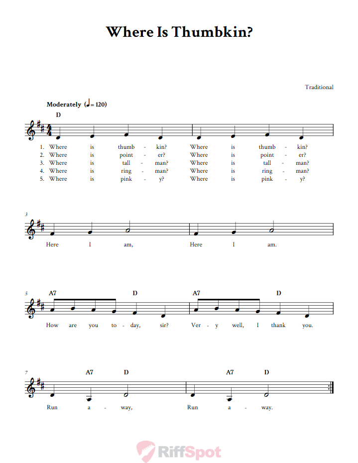 Where Is Thumbkin? Sheet Music for Horn and Other E-flat Instruments