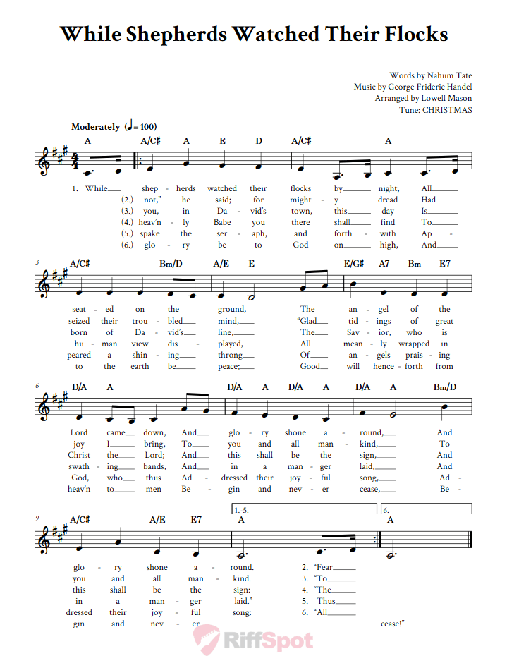 While Shepherds Watched Their Flocks Treble Clef Sheet Music for F Instruments