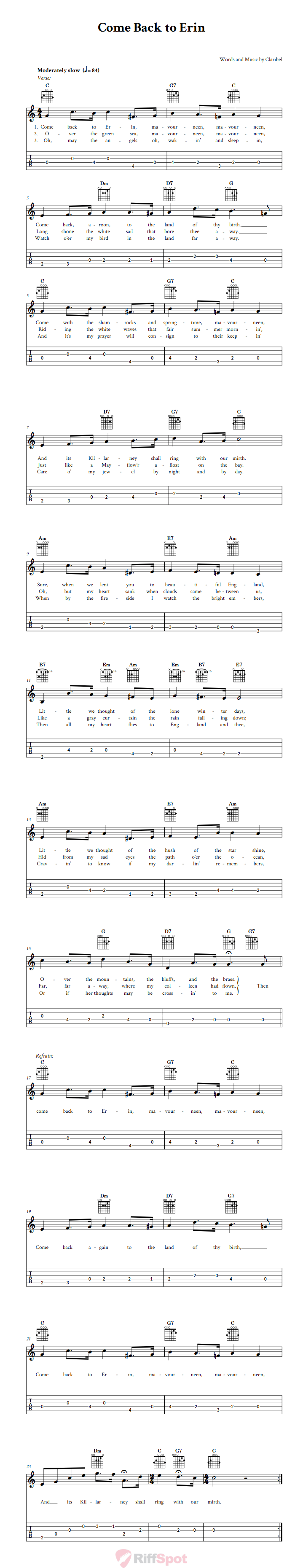 Come Back to Erin Guitalele Tab