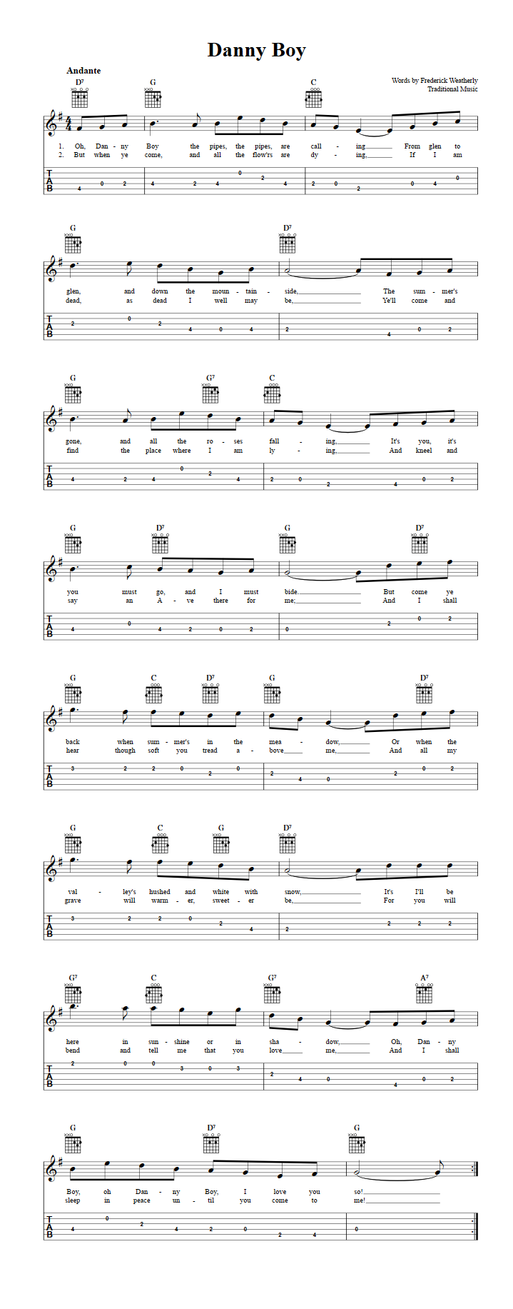 Danny Boy Easy Guitalele Sheet Music and Tab with Chords and Lyrics