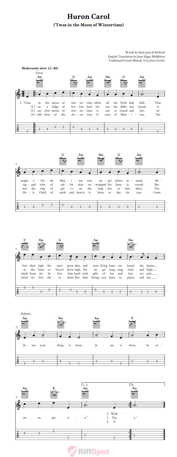 Huron Carol Guitalele Tab