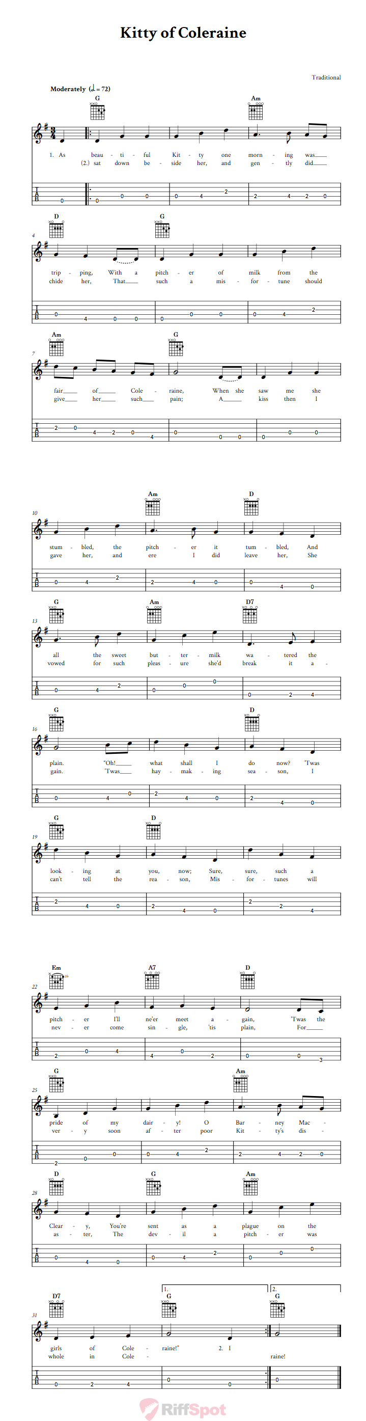 Kitty of Coleraine Guitalele Tab