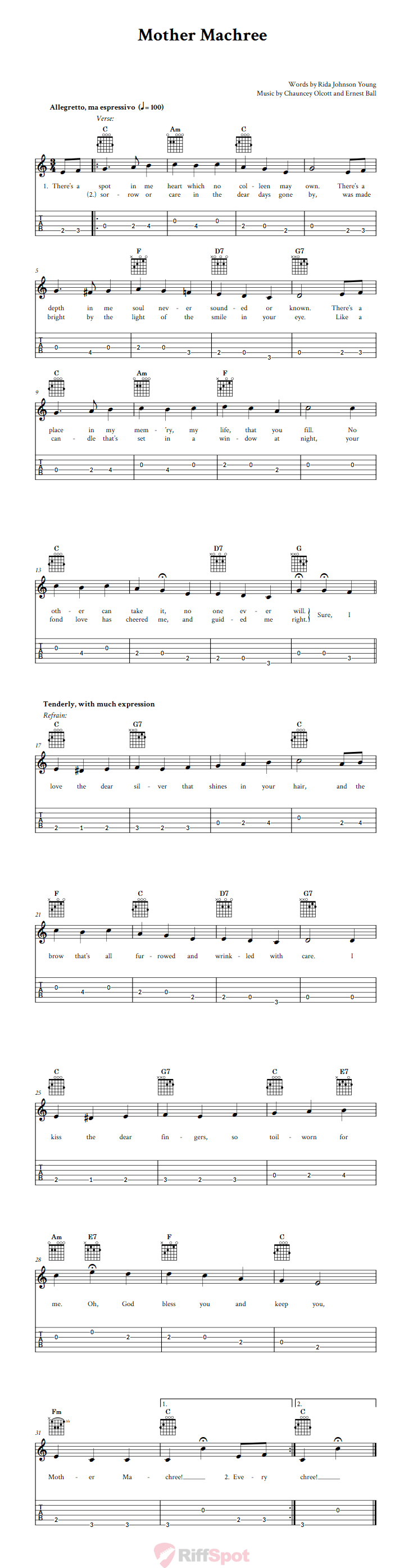 Mother Machree Guitalele Tab