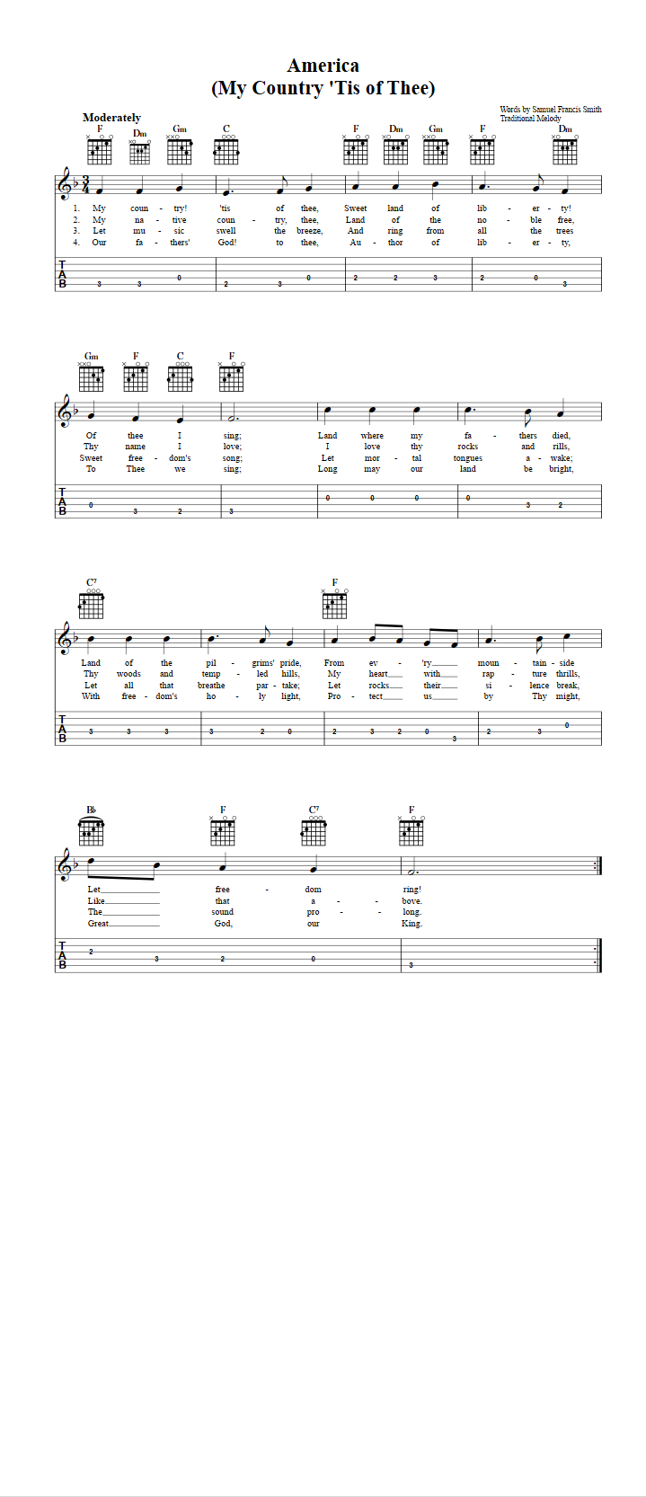 My Country, 'Tis of Thee Guitalele Tab