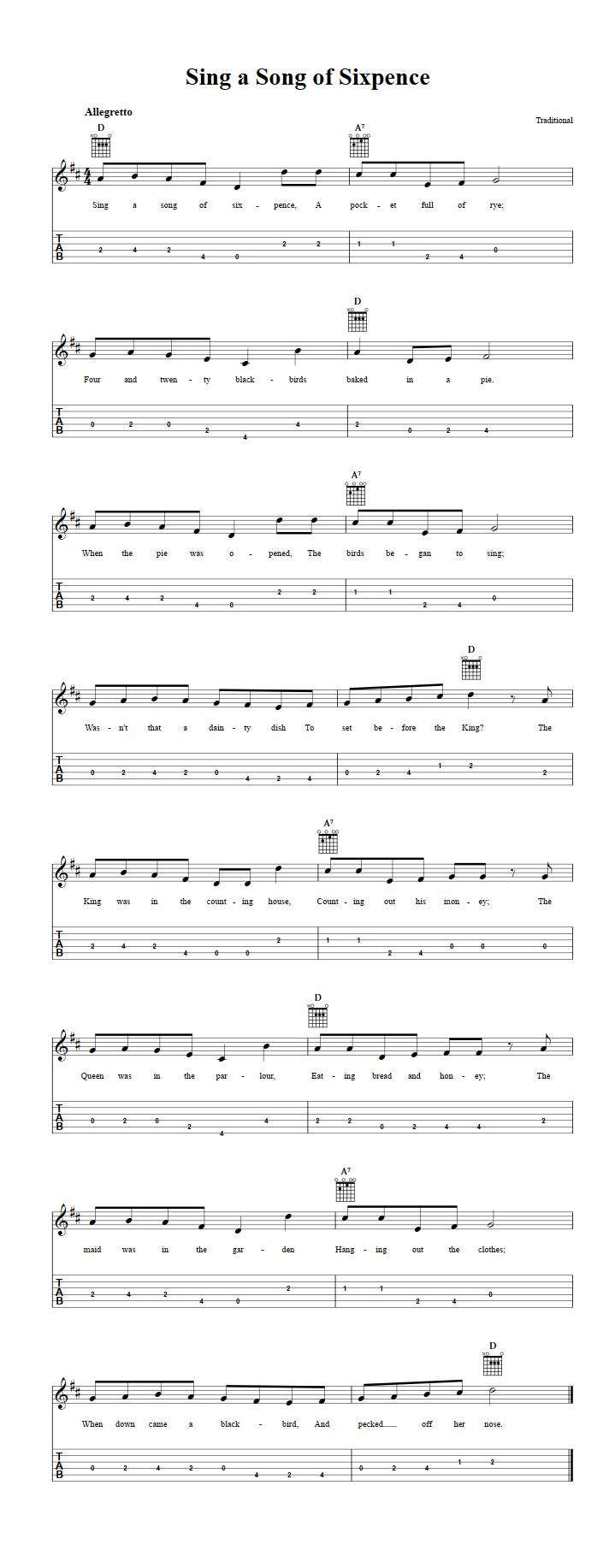 Sing a Song of Sixpence Guitalele Tab