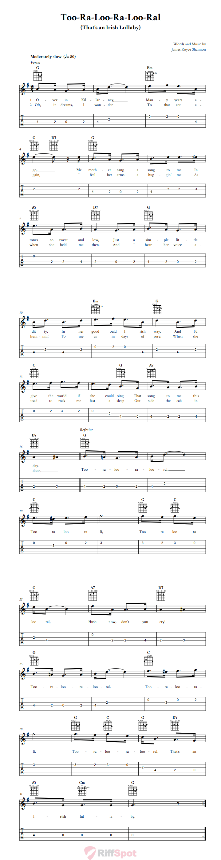 Too-Ra-Loo-Ra-Loo-Ral (That's an Irish Lullaby) Guitalele Tab