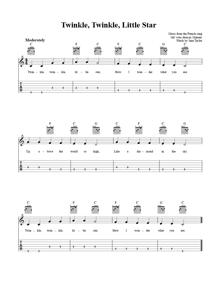 Twinkle, Twinkle, Star - Easy Guitalele Sheet Music and Tab with Chords and Lyrics