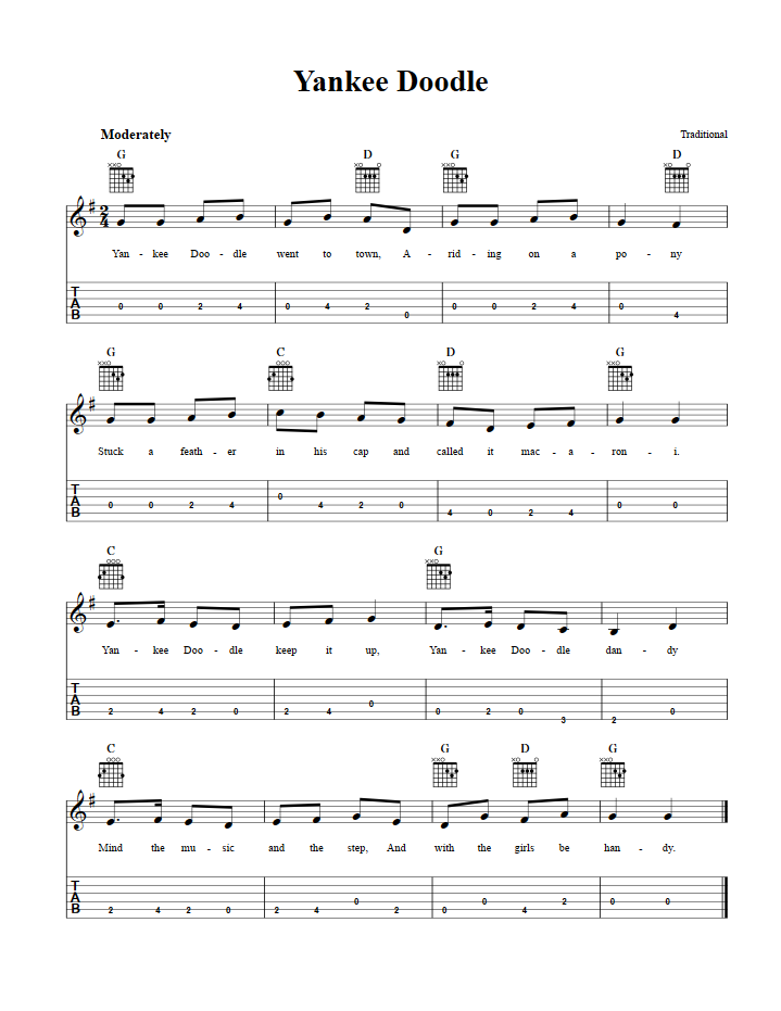 Yankee Doodle - Tin Whistle Sheet Music and Tab with Chords and Lyrics