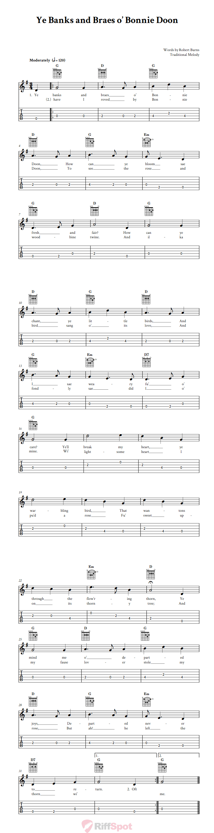 Ye Banks And Braes o' Bonnie Doon Guitalele Tab