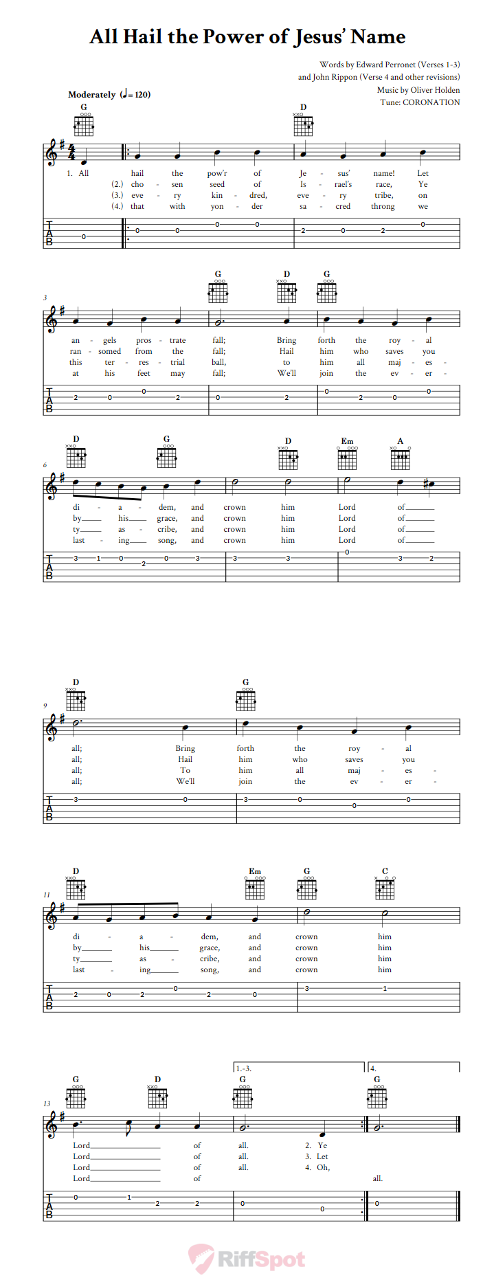 All Hail the Power of Jesus' Name Guitar Tab