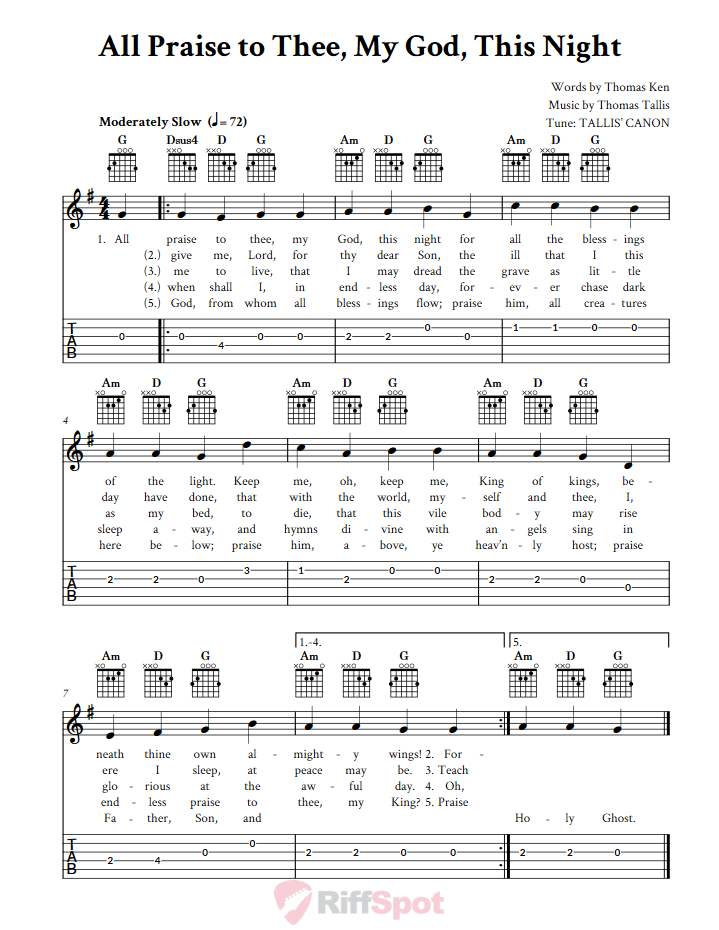 All Praise To Thee, My God, This Night Guitar Tab