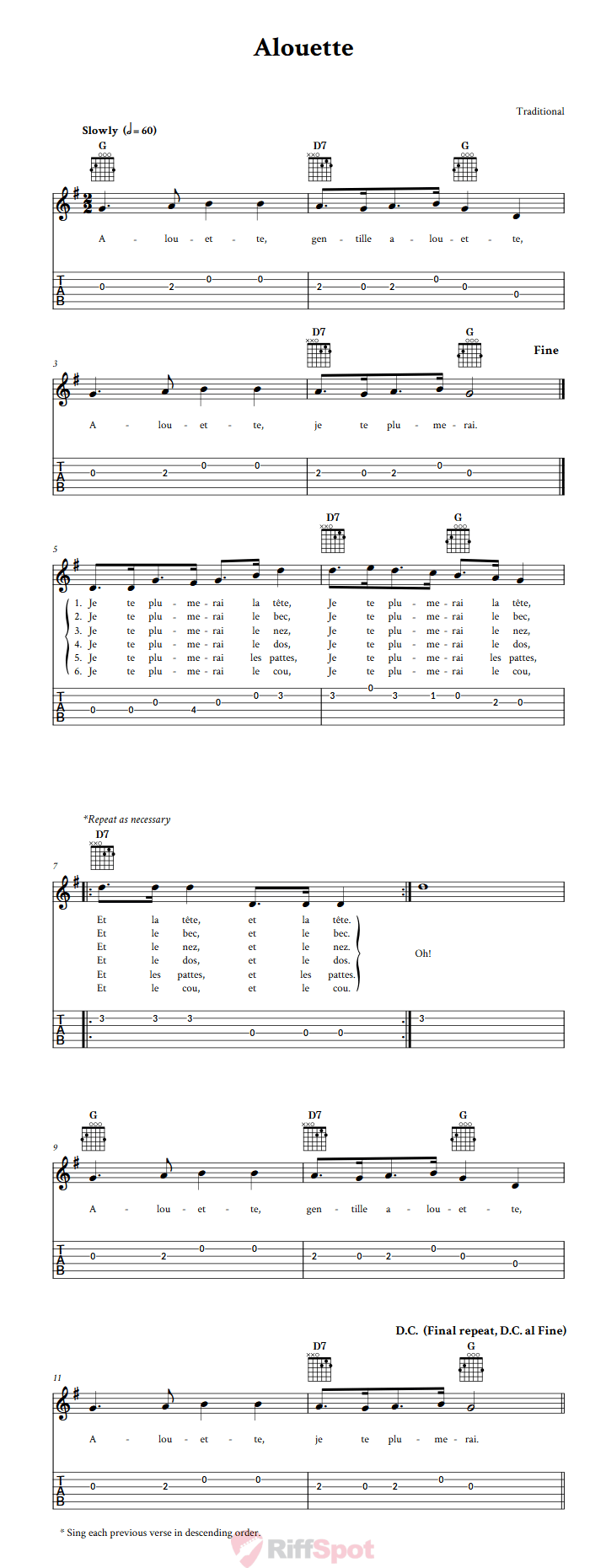 Alouette Guitar Tab