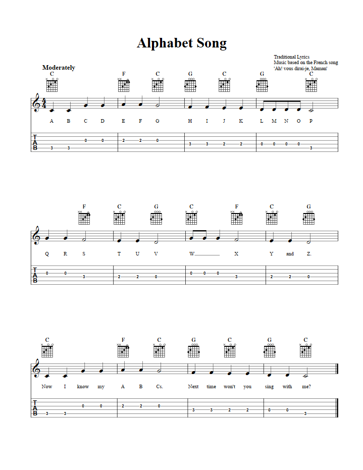 Alphabet Song Easy Guitar Sheet Music Tab with Chords and