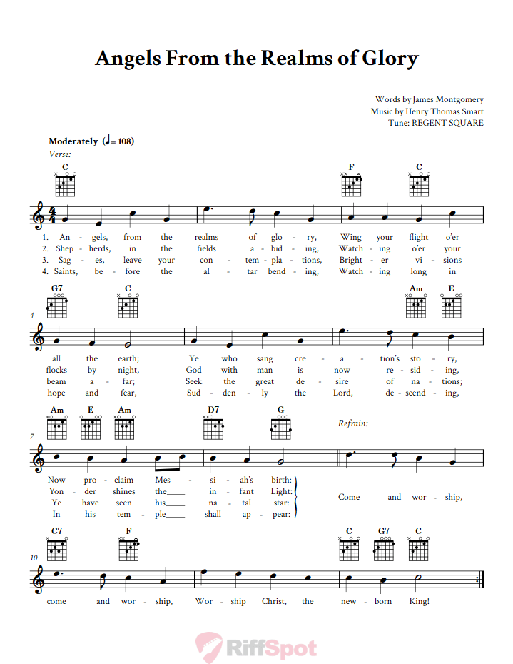 Angels From the Realms of Glory Guitar Chords and Vocal Sheet Music