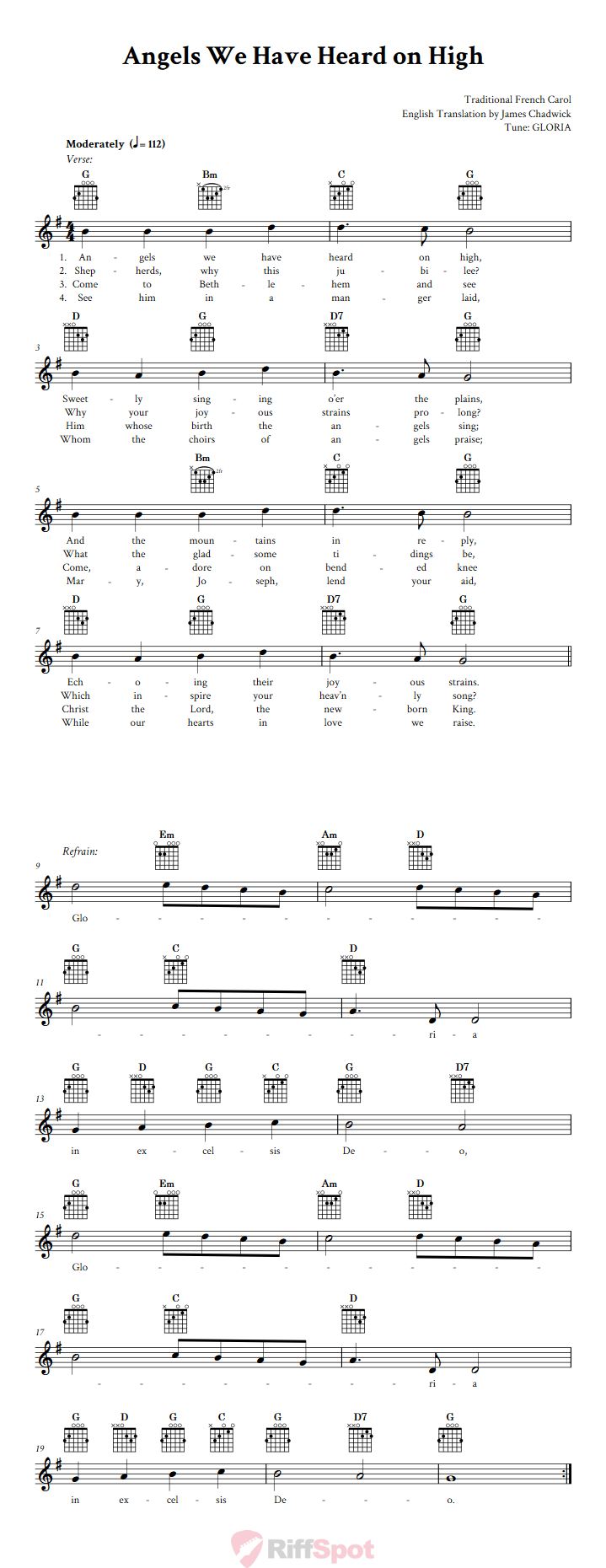 Angels We Have Heard on High Guitar Chords and Vocal Sheet Music