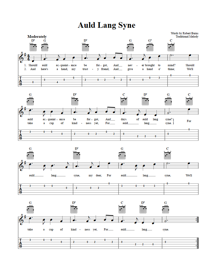 Auld Lang Syne Easy Guitar Sheet Music and Tab with Chords and Lyrics