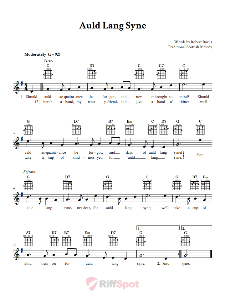 Auld Lang Syne Guitar Chords and Vocal Sheet Music
