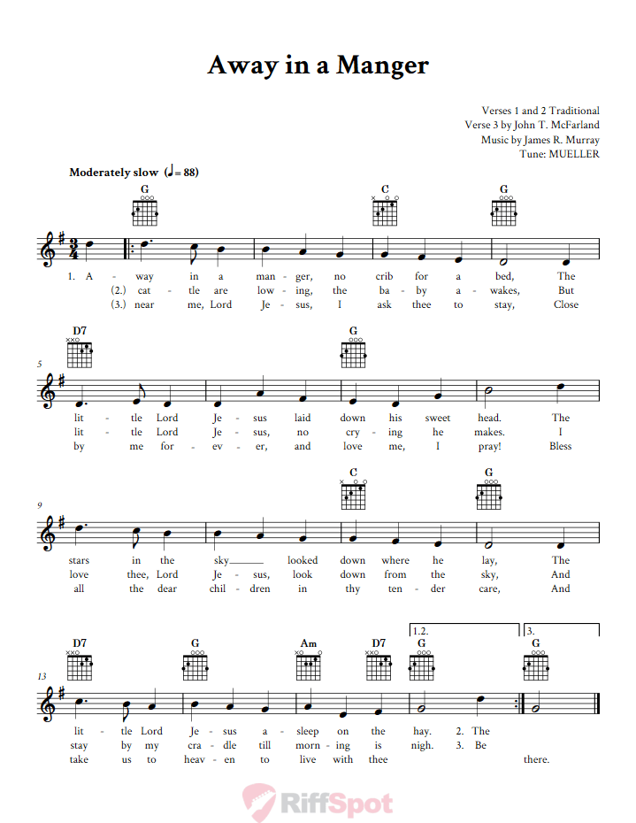 Away in a Manger Guitar Chords and Vocal Sheet Music