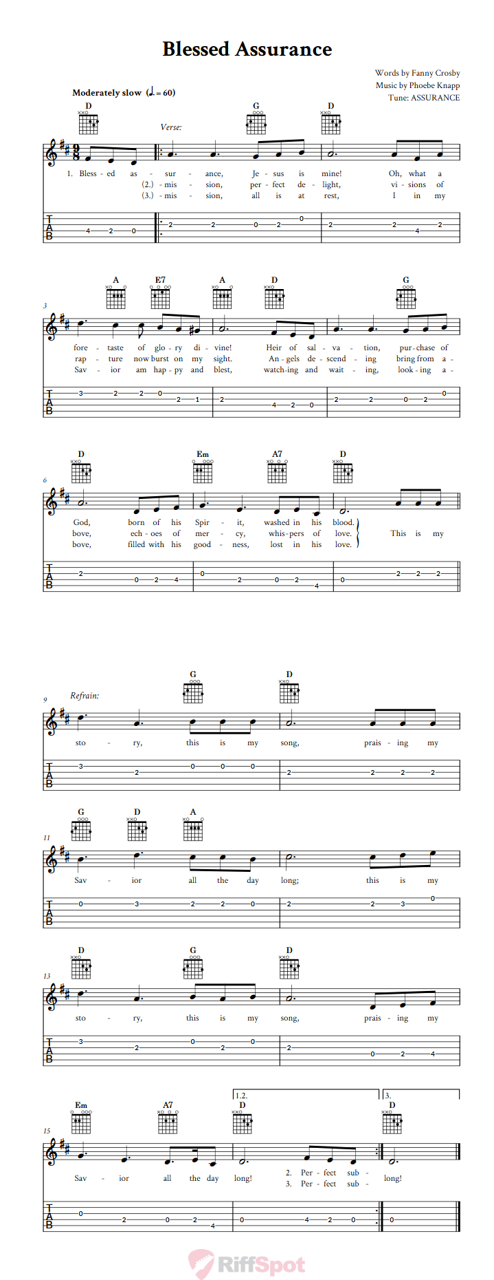 Blessed Assurance Easy Guitar Sheet Music And Tab With Chords And Lyrics