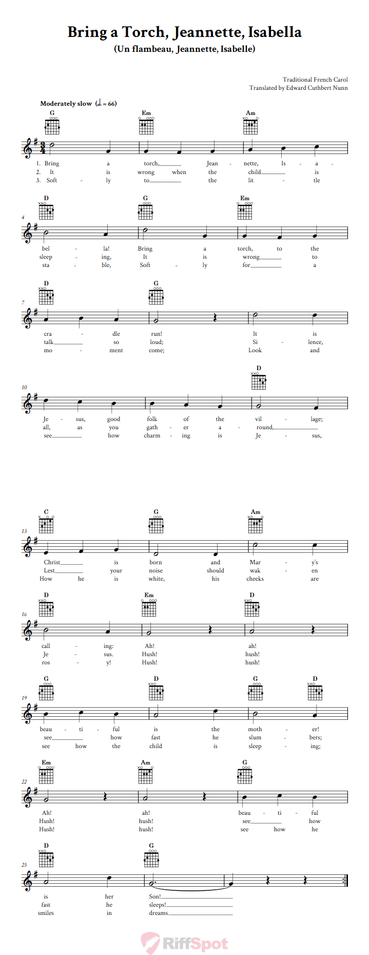Bring a Torch, Jeannette, Isabella Guitar Chords and Vocal Sheet Music