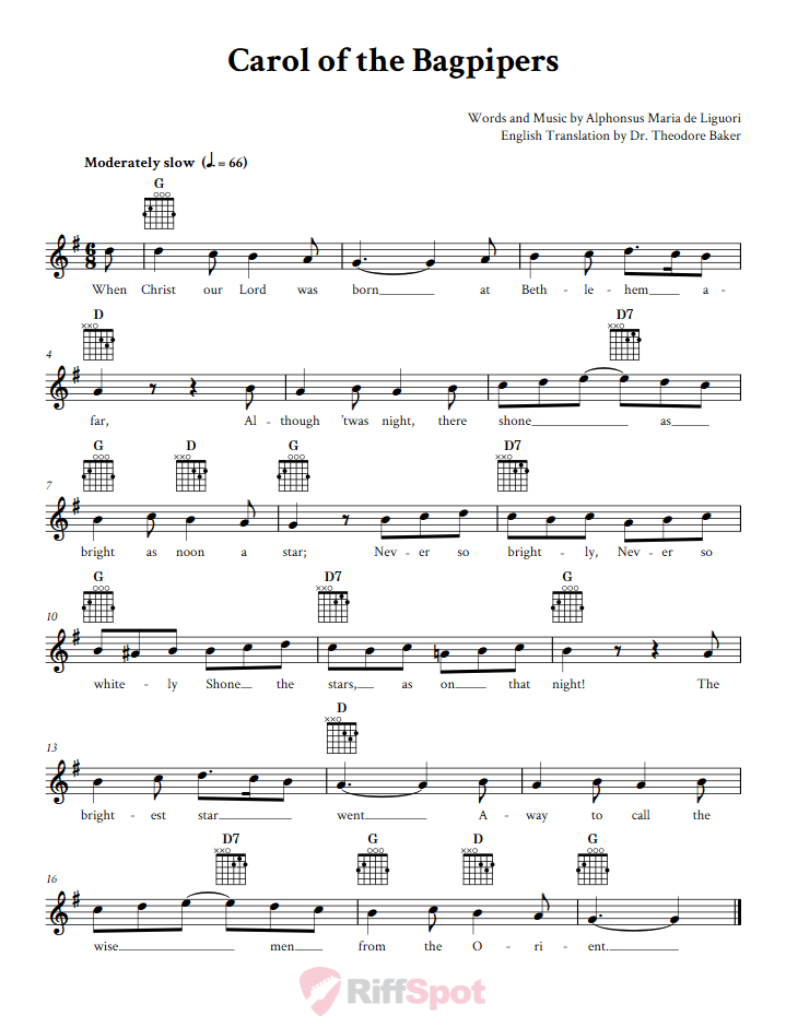 Carol of the Bagpipers Guitar Chords and Vocal Sheet Music