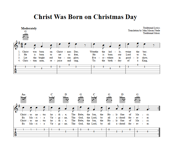 Christ Was Born on Christmas Day Guitar Tab