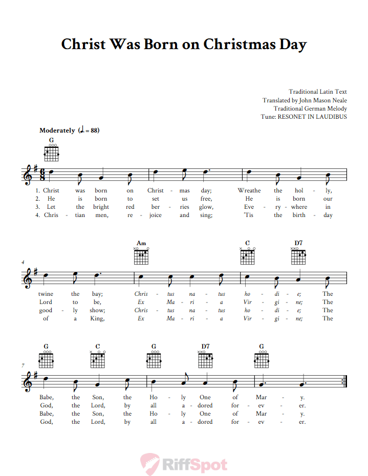 Christ Was Born on Christmas Day Guitar Chords and Vocal Sheet Music