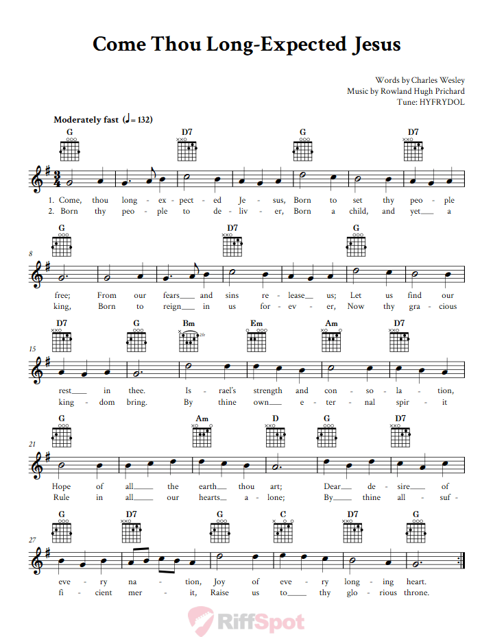 Come Thou Long-Expected Jesus Guitar Chords and Vocal Sheet Music