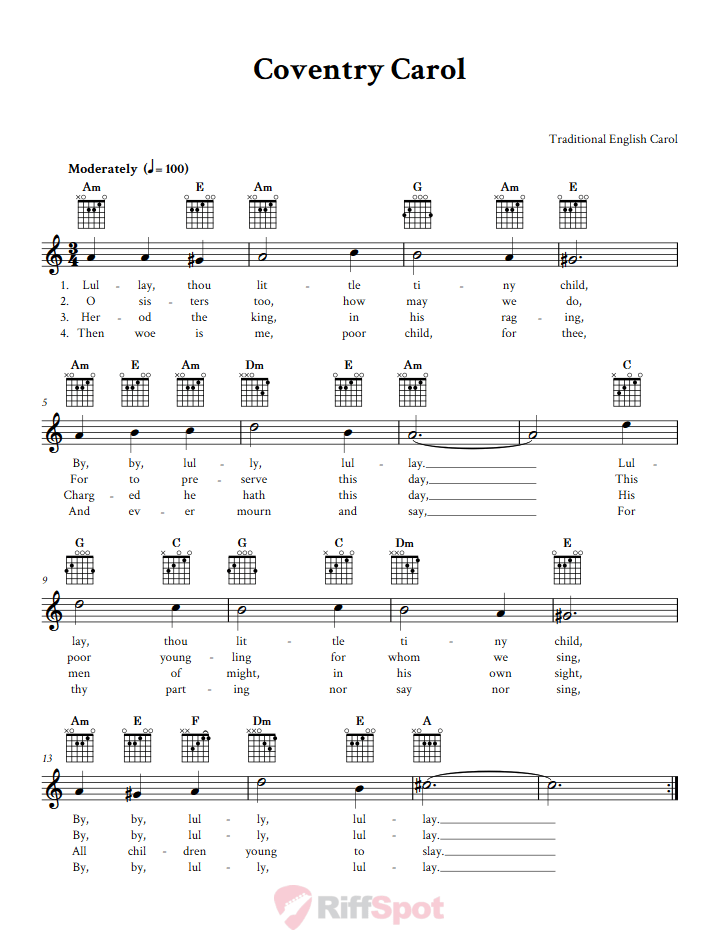 Coventry Carol Guitar Chords and Vocal Sheet Music