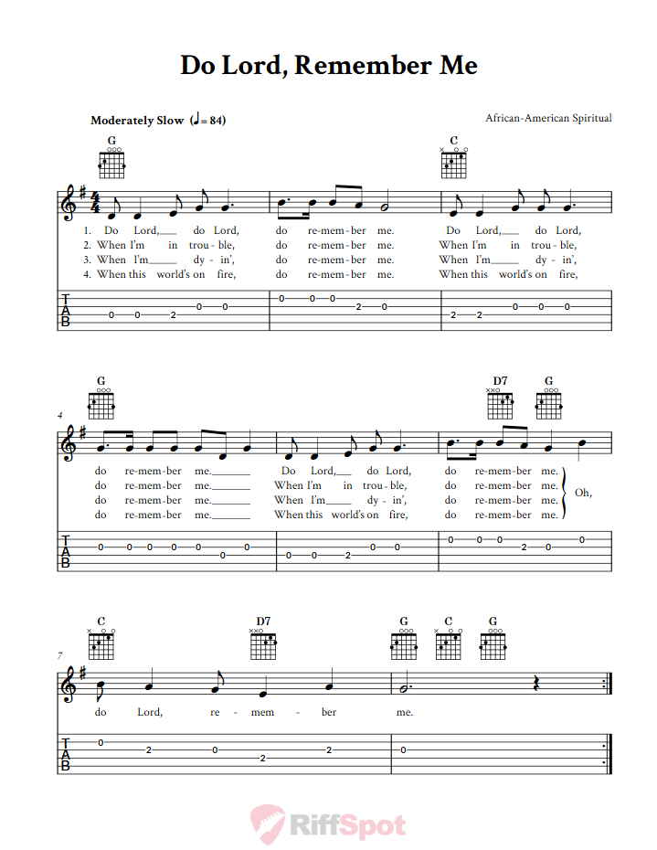 Do Lord Remember Me Easy Guitar Sheet Music And Tab With Chords And 