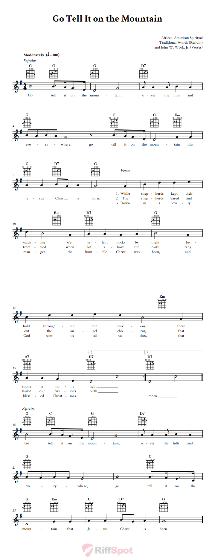 Go Tell It on the Mountain Guitar Chords and Vocal Sheet Music